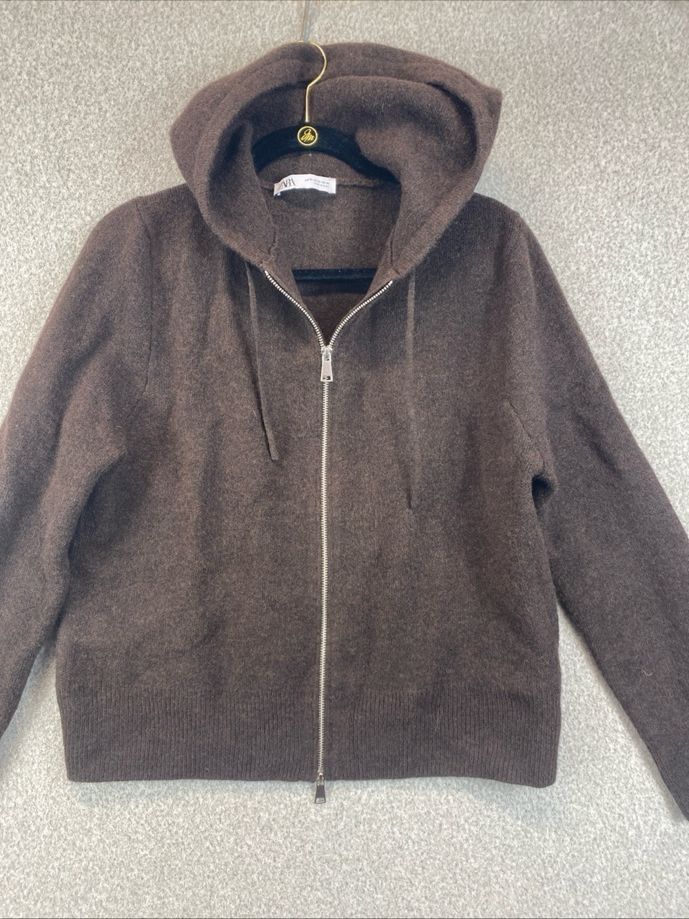 Zara Chunky Knit Two Way Zip Hoodie Sweater Brown Sz XL Wool Poly Blend Skater